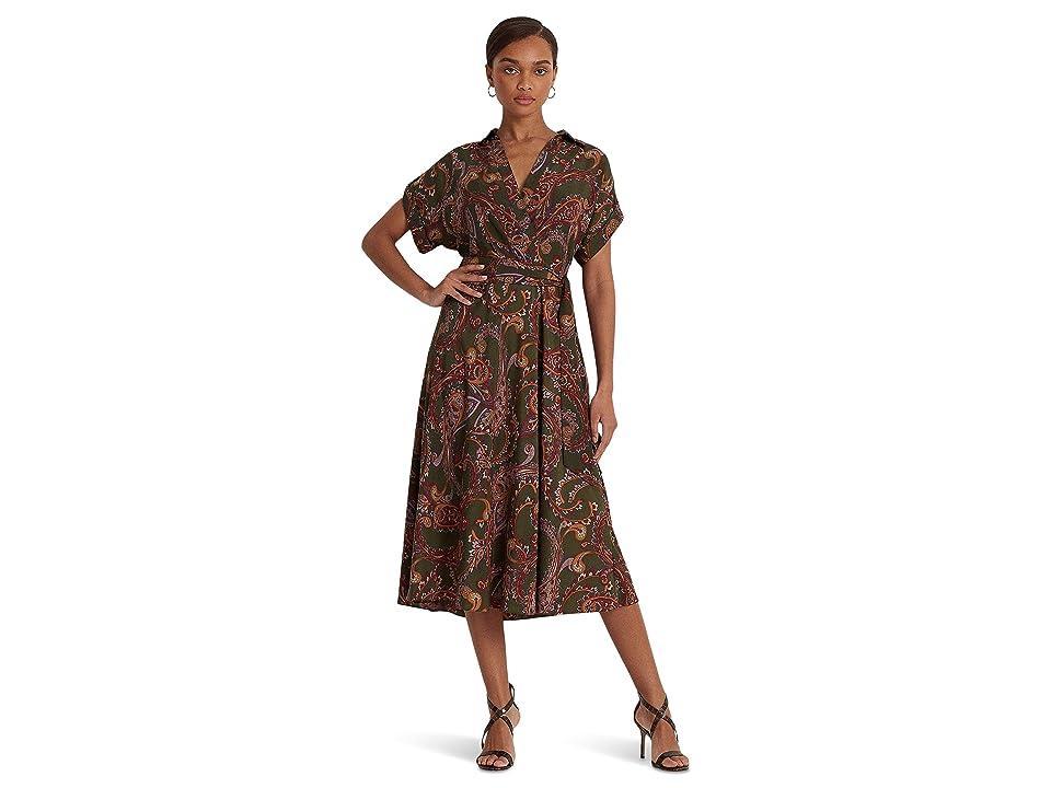 Lauren Ralph Lauren Paisley Belted Crepe Dress (Olive Multi) Women's Dress Product Image