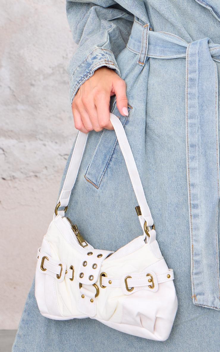 Cream Distressed PU Nylon Detail Shoulder Bag product image