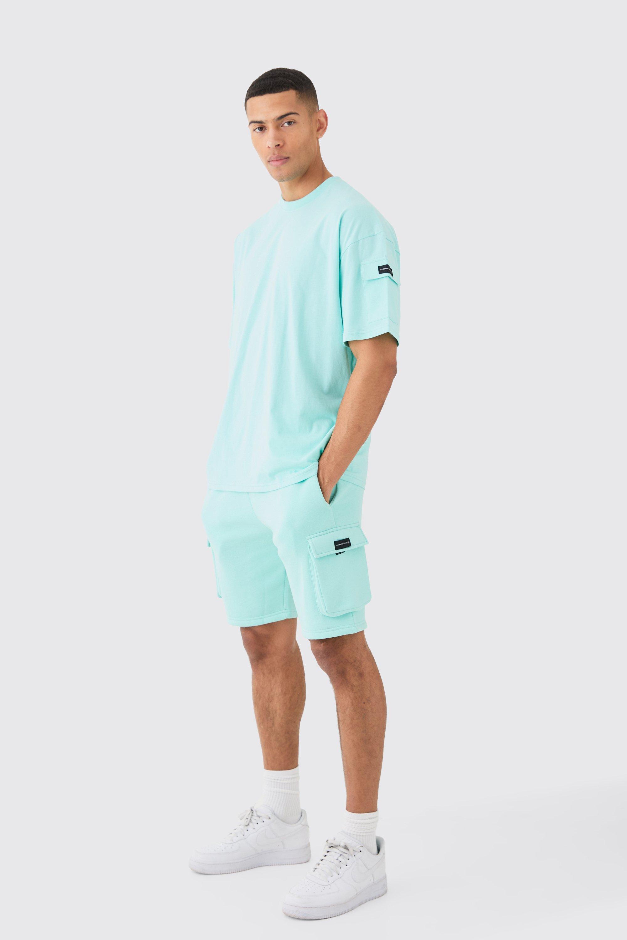 Mens Blue Man Oversized Cargo T-shirt And Slim Short Set, Blue Product Image