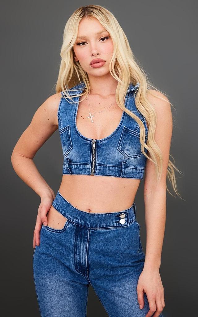 Mid Blue Wash Zip Through Denim Top Product Image