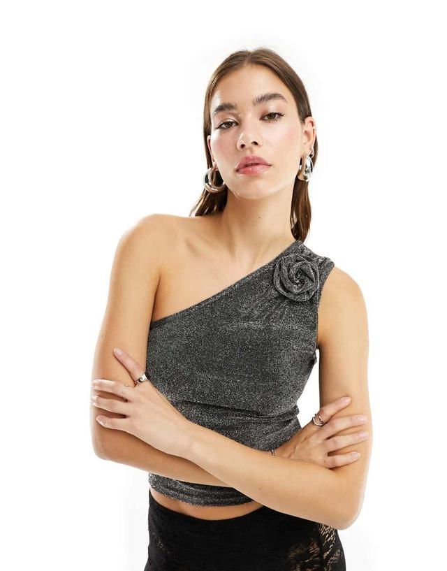 Motel metallic one shoulder corsage detail top in silver Product Image