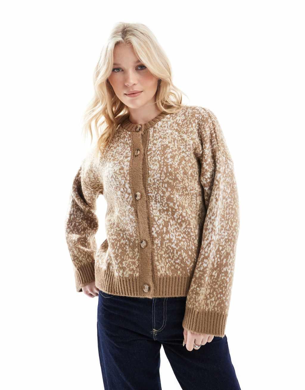 ASOS DESIGN knitted crew neck cardigan in taupe animal print Product Image