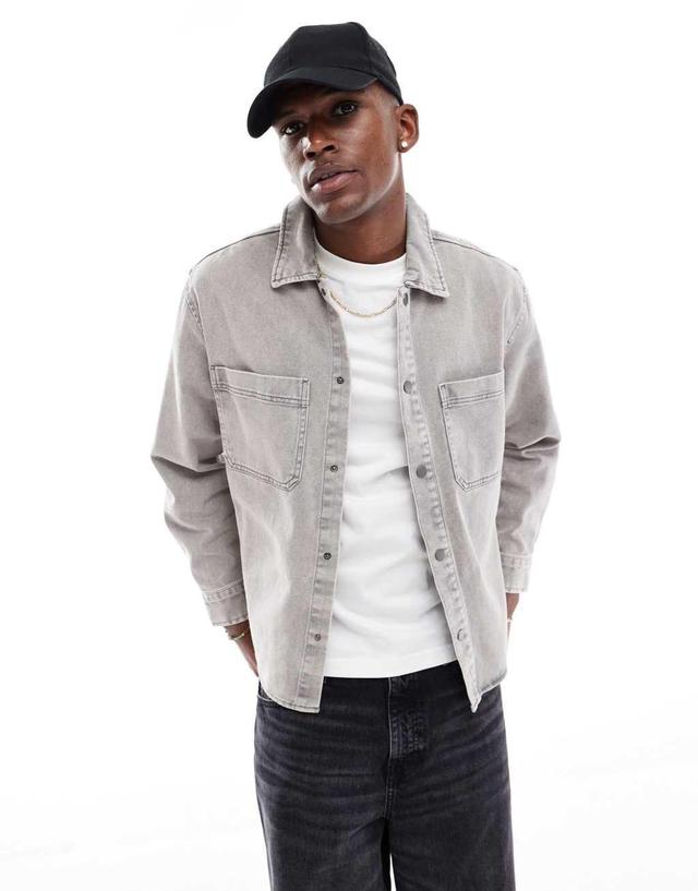 Pull&bear denim acid washed overshirt in gray Product Image