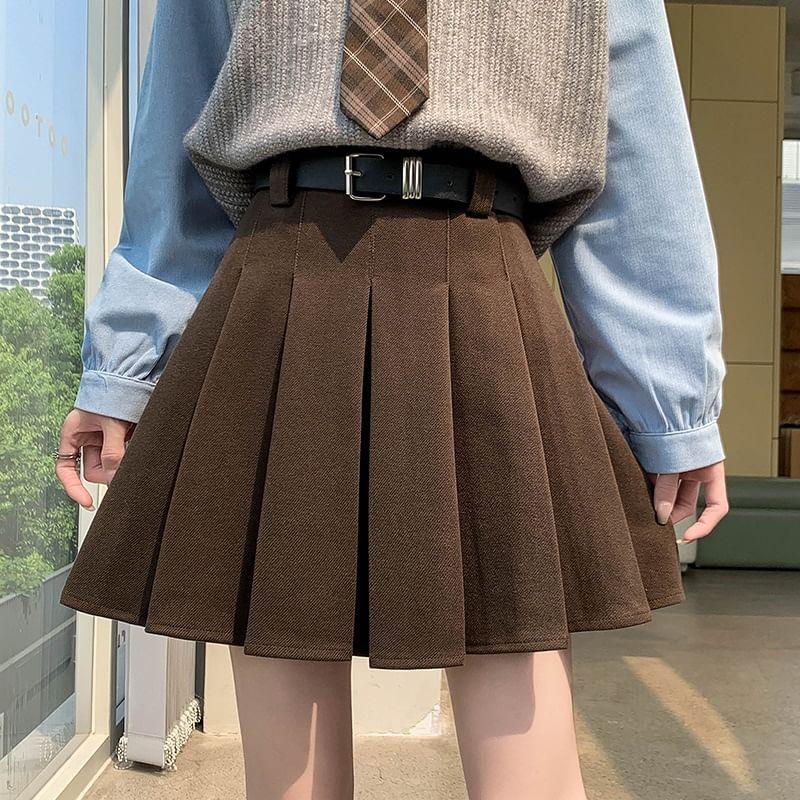 High Waist Plain Mini Pleated Skirt product image