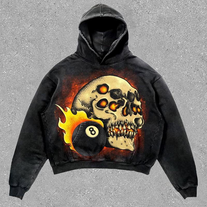 Relaxed Vintage Skull 8 Ball Graphic Gothic Hip Hop Casual Street Washed Hoodie Product Image