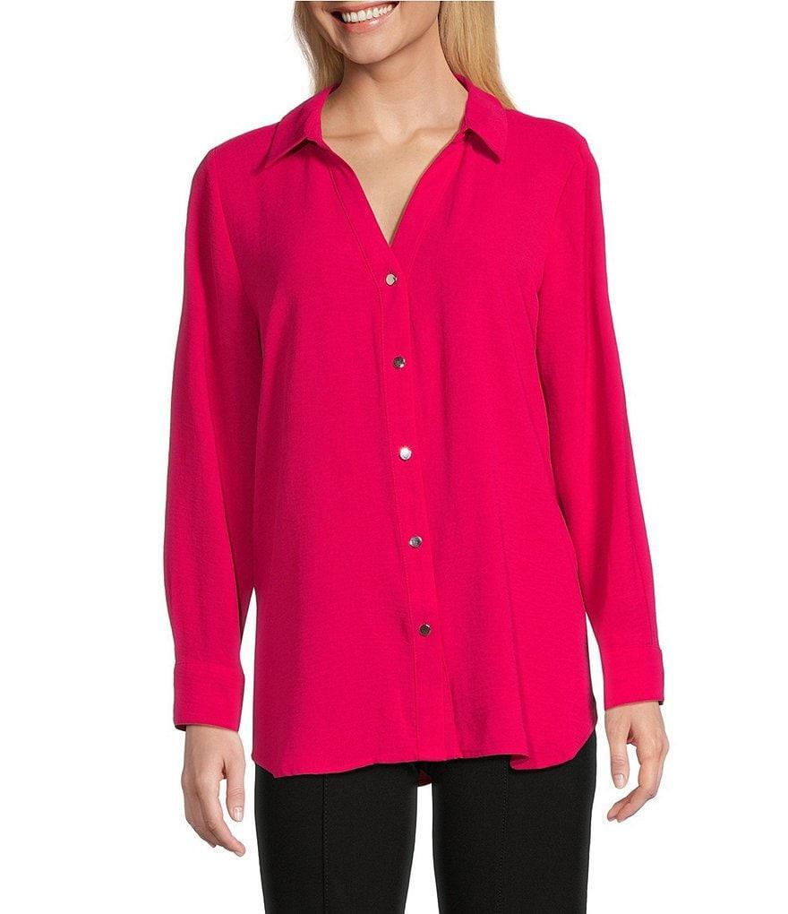 Slim Factor by Investments Point Collar Y-Neck Long Sleeve Button Front Top Product Image