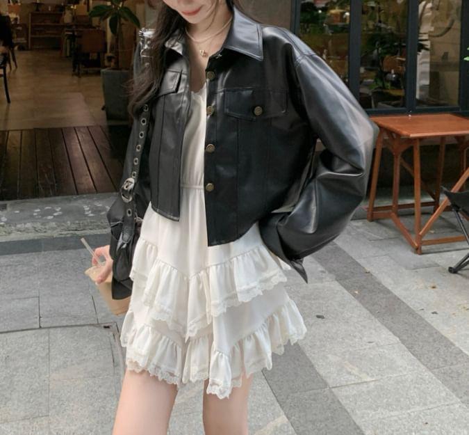 Collar Plain Faux Leather Crop Button Jacket Product Image