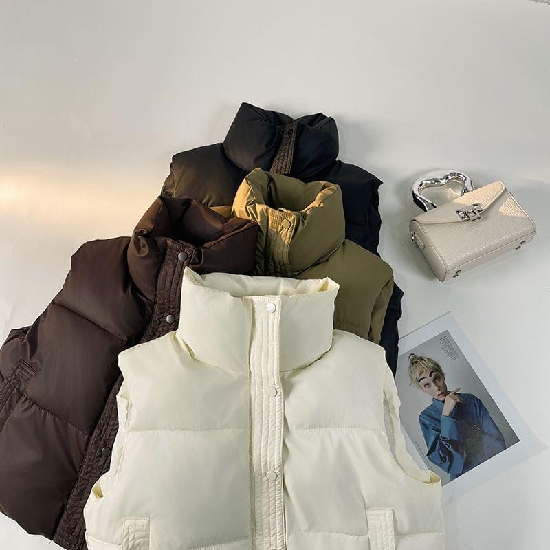 High Neck Plain Zip-Up Puffer Vest Product Image