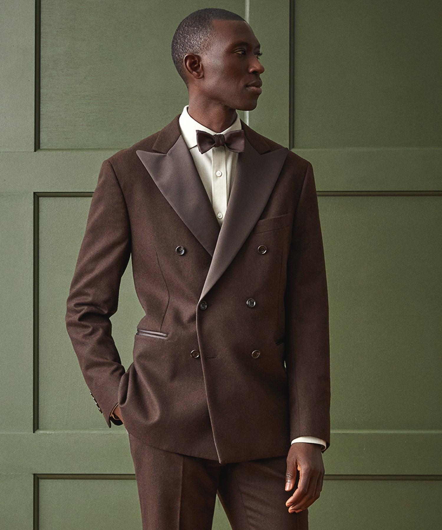 Italian Flannel Double-Breasted Tuxedo Jacket in Chocolate Product Image