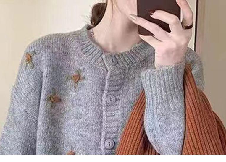 Crew Neck Floral Embroidered Cardigan Product Image