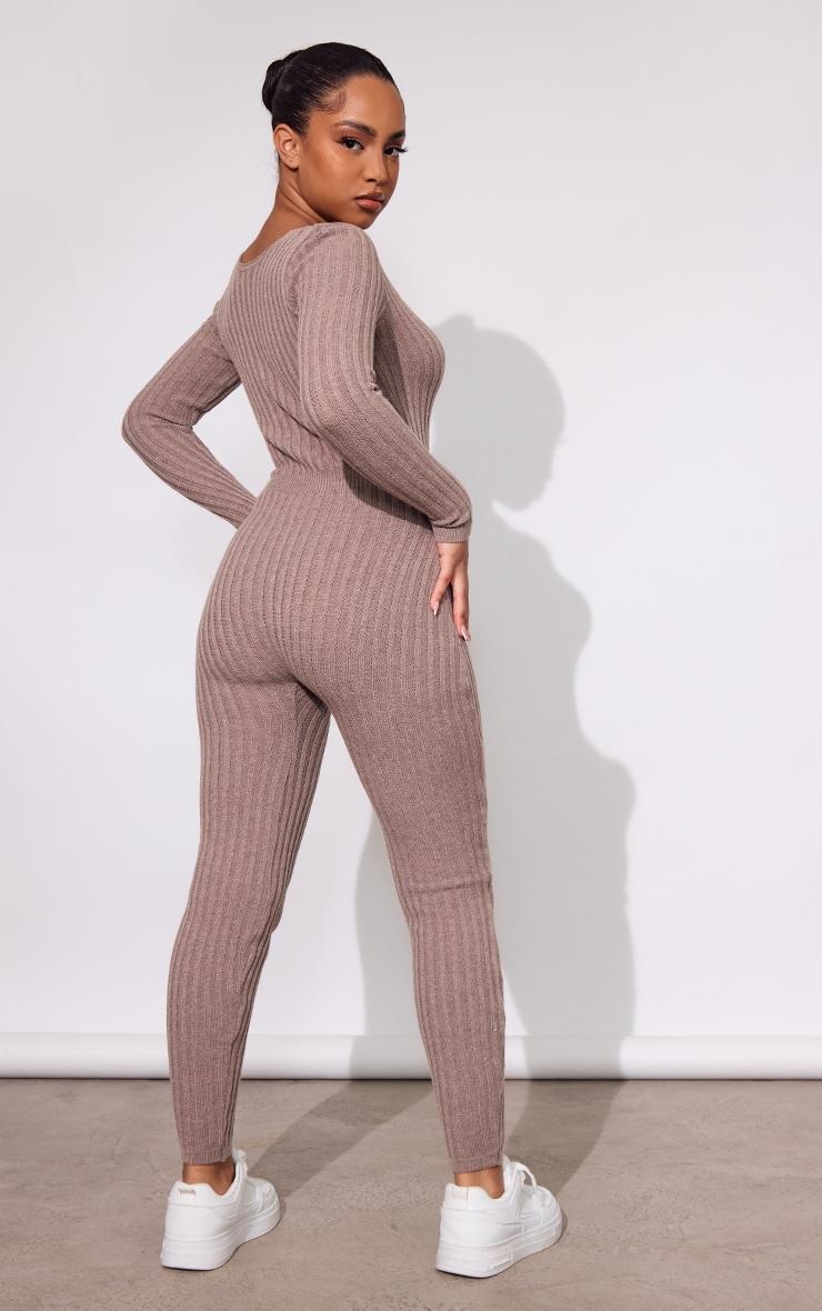 Petite Brown Long Sleeve Knit Jumpsuit Product Image