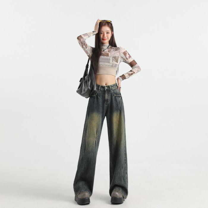 High Waist Washed Wide Leg Jeans Product Image