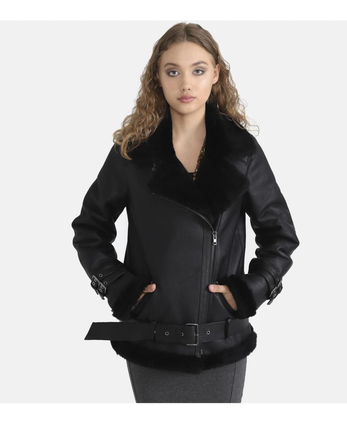 Furniq Uk Womens Biker Jacket, Silky Black Shearling Wool - Black Product Image