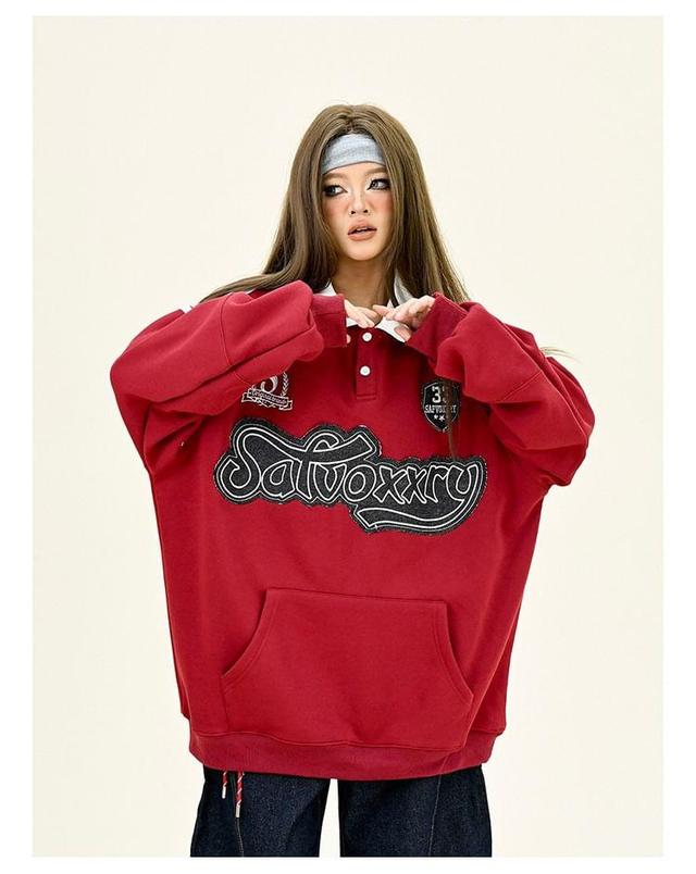 Polo Collar Lettering Embroidered Oversized Sweatshirt Product Image