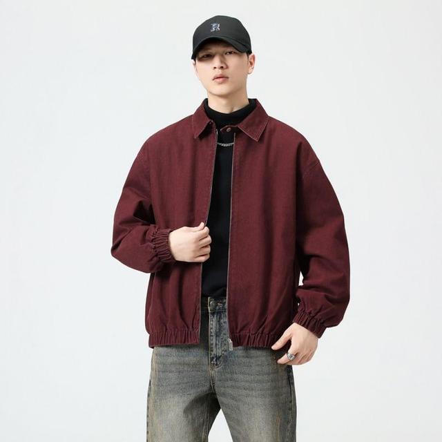 Collared Plain Zip-Up Denim Jacket Product Image