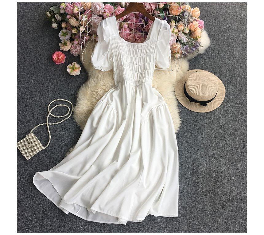 Puff-Sleeve Square-Neck Plain Smocked Midi A-Line Dress Product Image