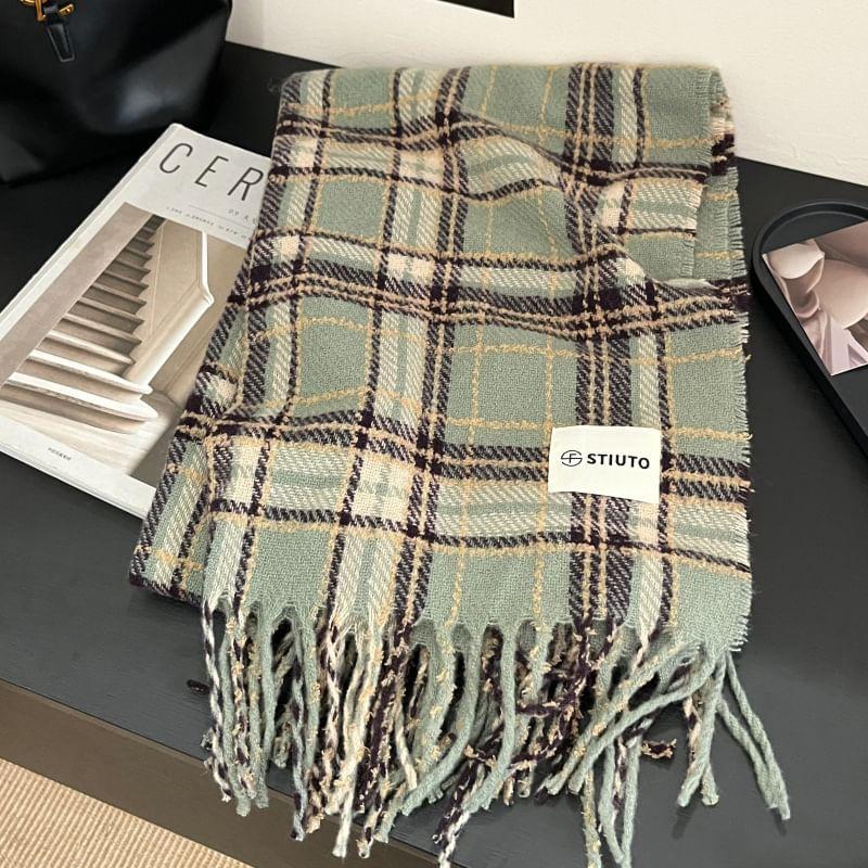 Plaid Applique Fringed Knit Scarf product image