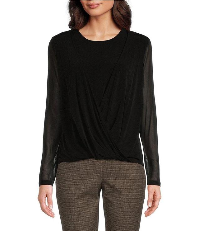 Calvin Klein Mesh Long Sleeve Crew Neck Faux-Wrap Top Product Image