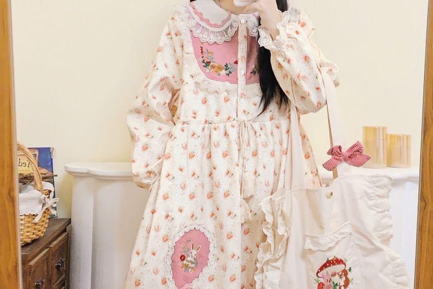 Long-Sleeve Collar Strawberry Print Embroidered Lace Trim Midi A-Line Dress Product Image