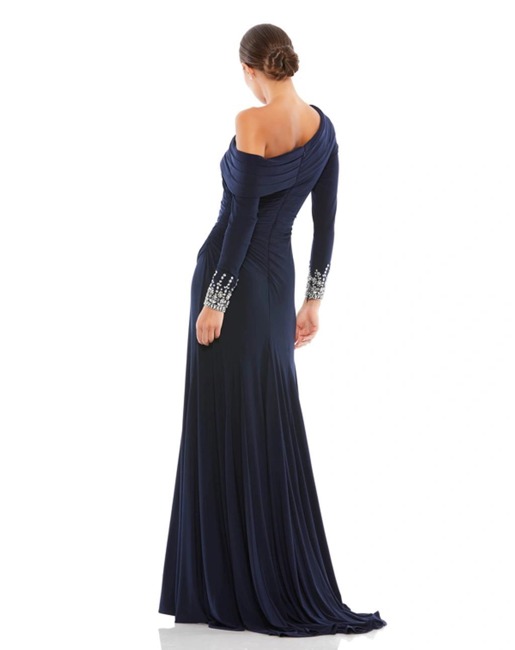 Long-sleeve Beaded Cuff Asymmetric Jersey Wrap Gown In Midnight Product Image