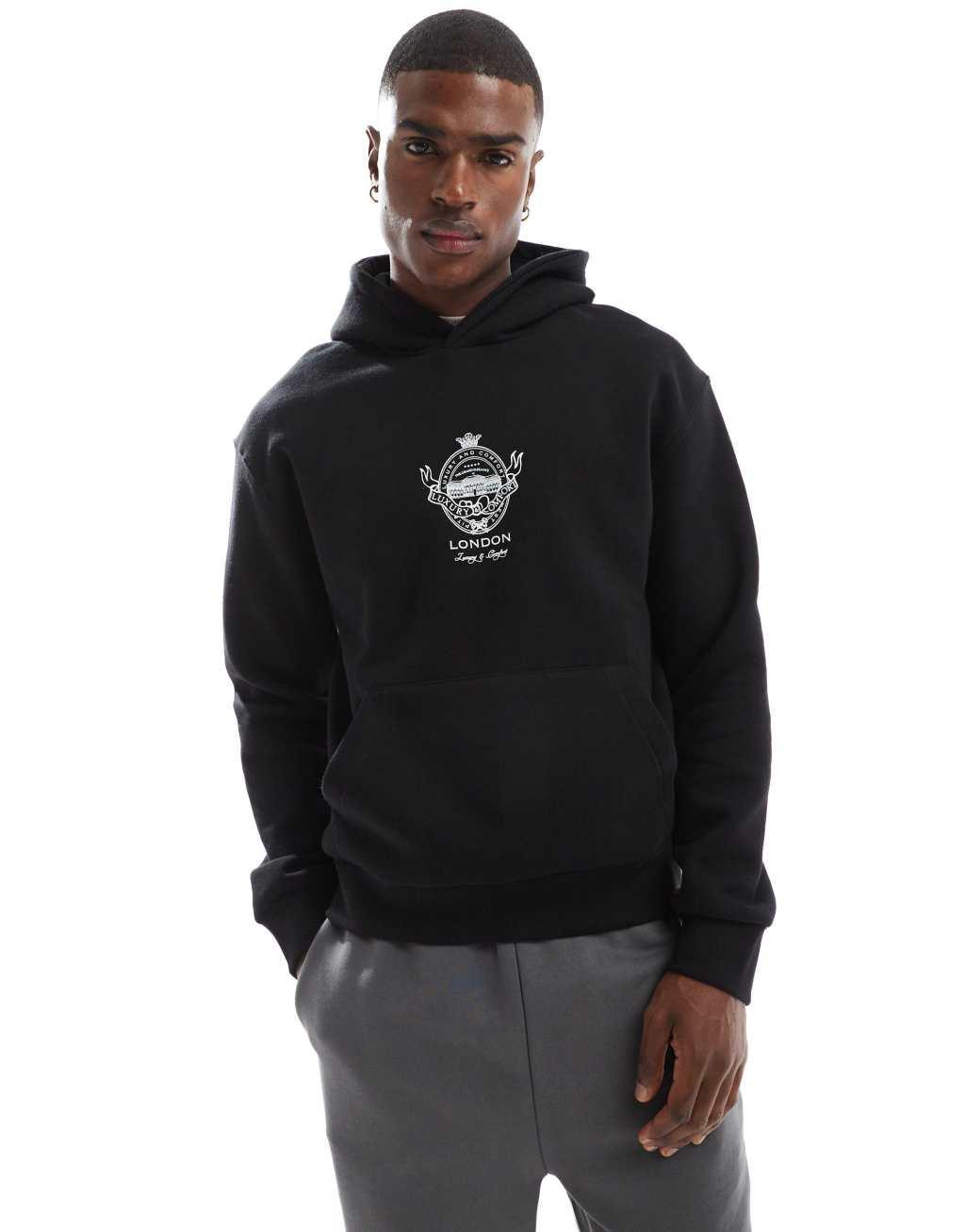 Bershka Hotel Llaves back printed hoodie in black Product Image