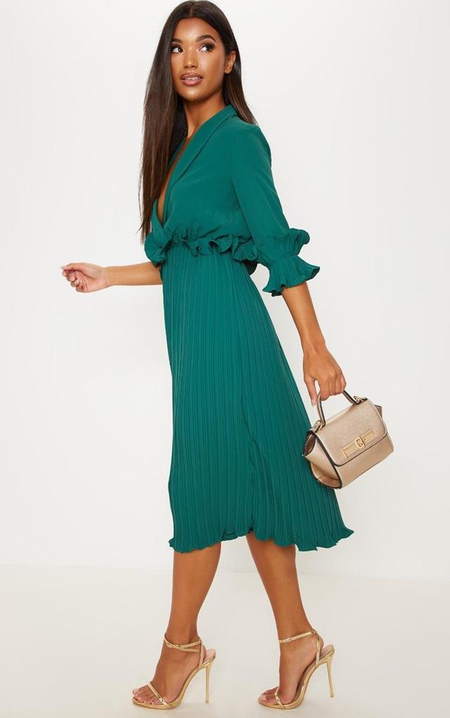 Emerald Green Frill Detail Pleated Midi Dress Product Image