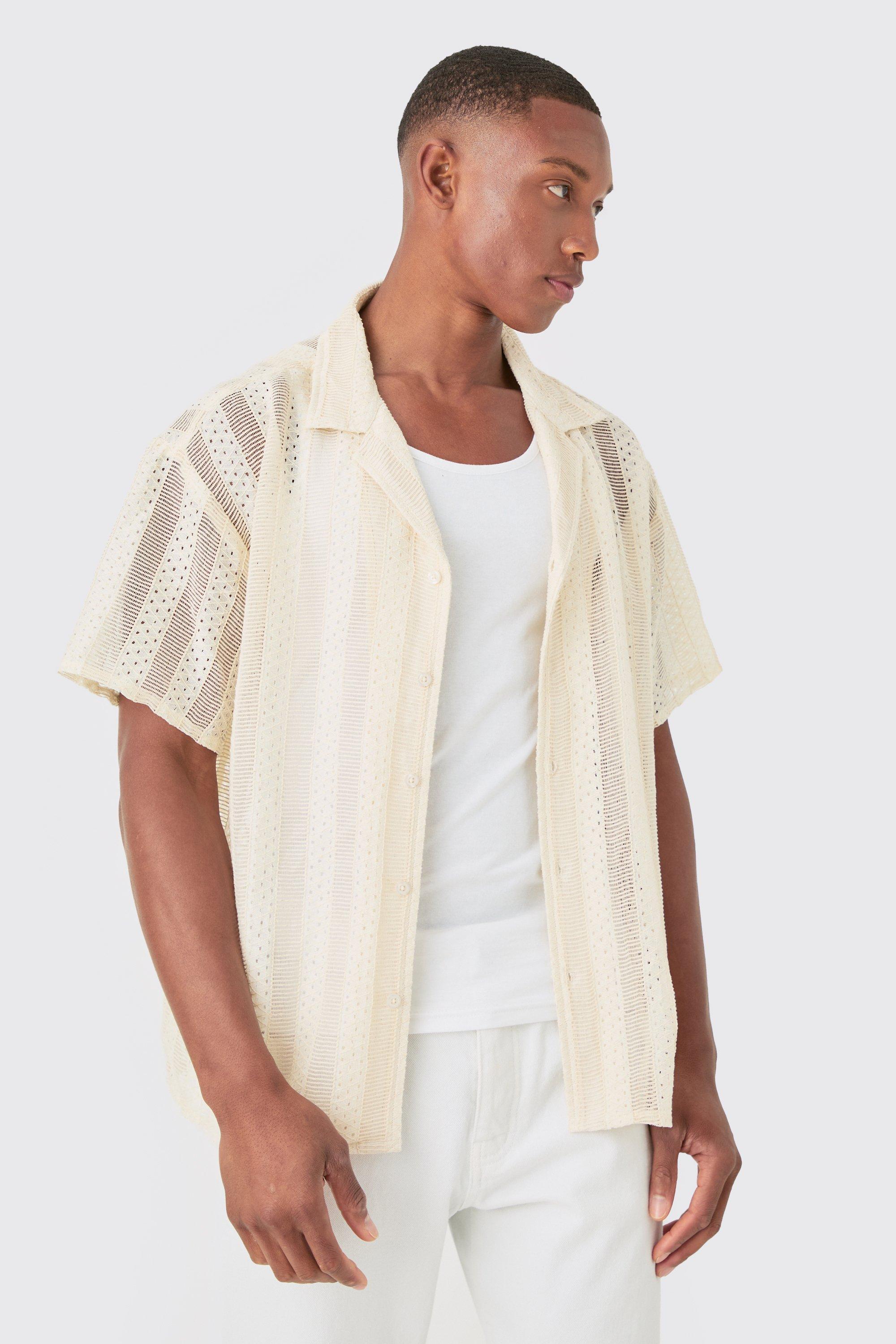 Mens Cream Boxy Open Lace Stripe Shirt, Cream Product Image