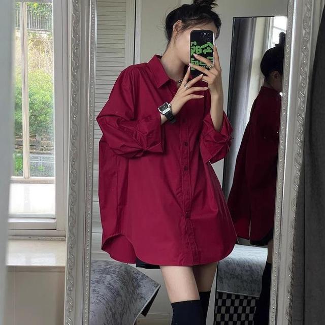 Long-Sleeve Plain Oversized Shirt Product Image