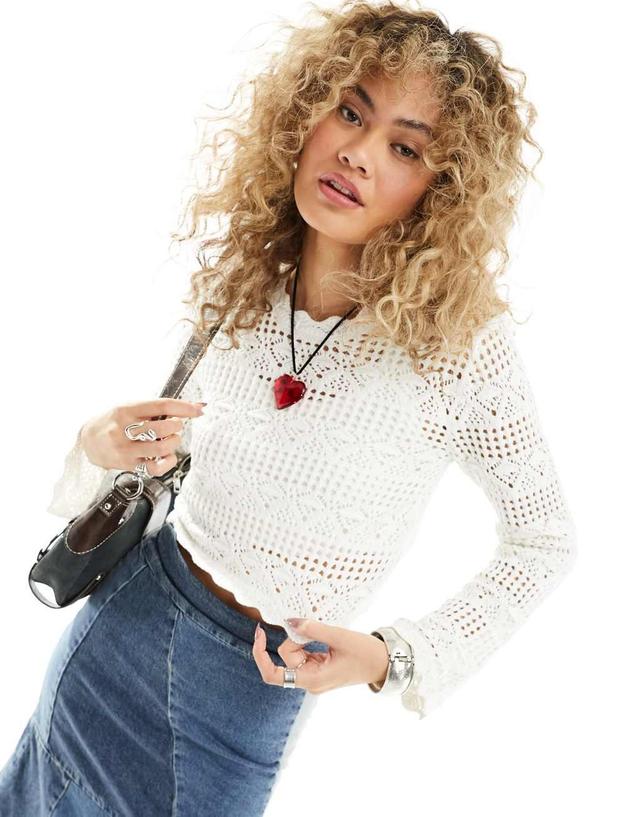 Monki long sleeve crochet top in white Product Image