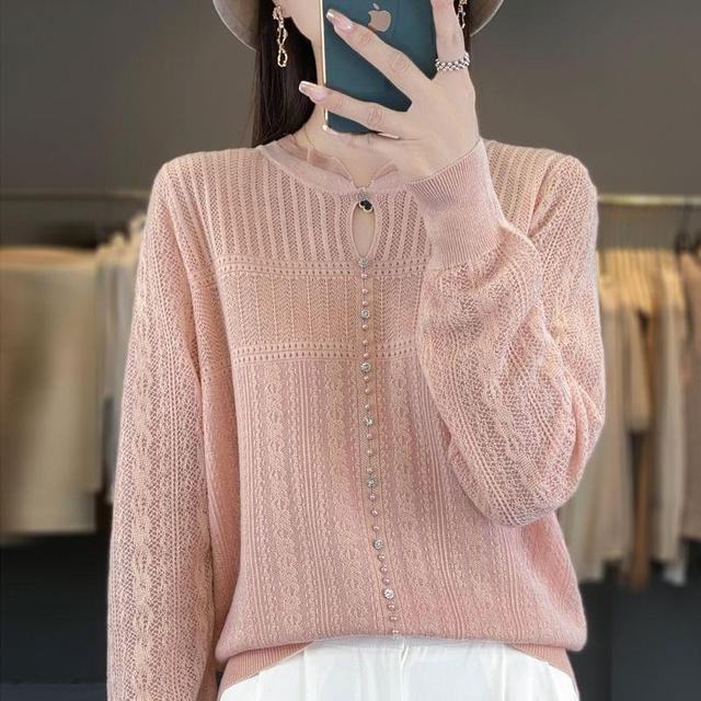 Long Sleeve Frill Collar Plain Beaded Keyhole Knit Top Product Image