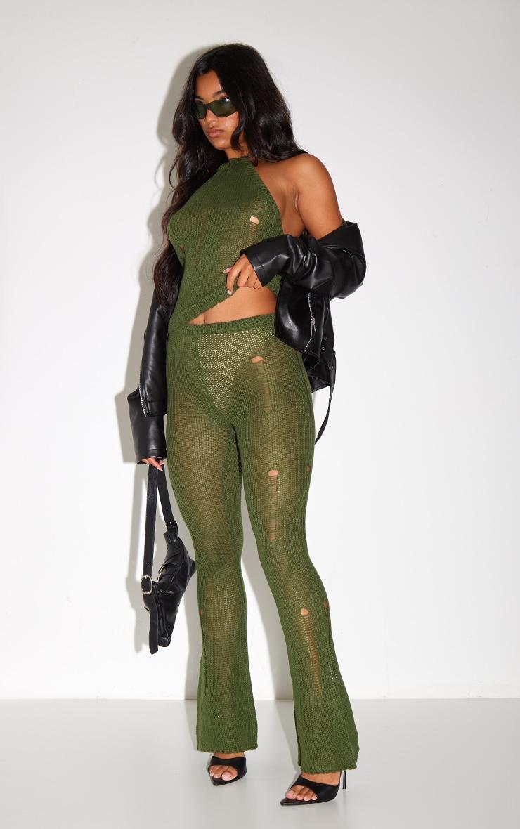 Khaki Distressed Knit Flare Pants Product Image