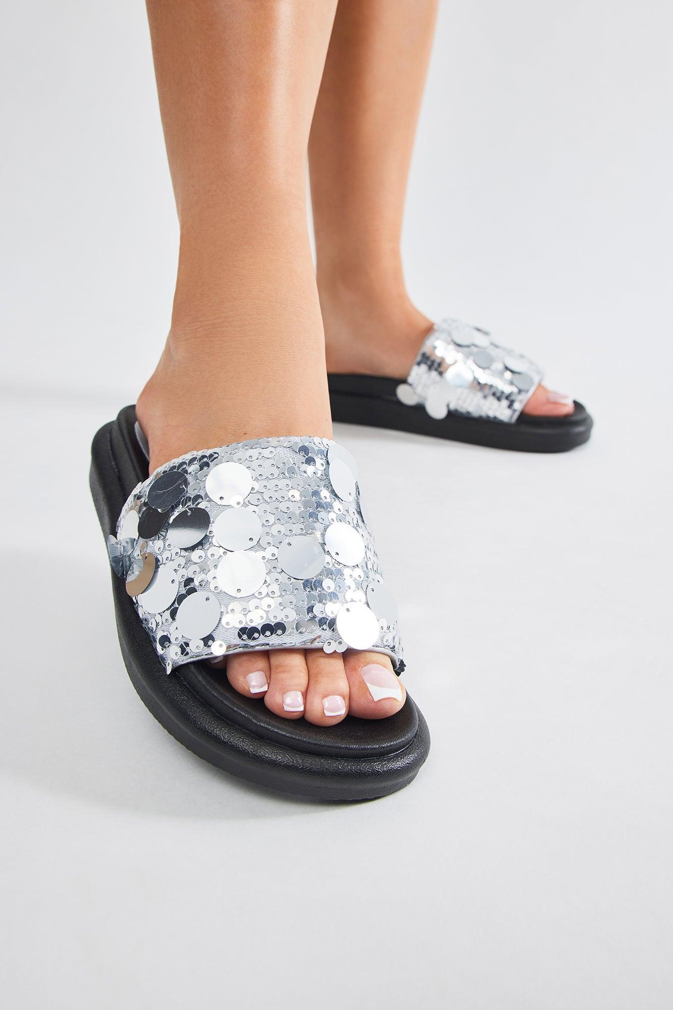 Girly Things Sequin Casual Slides - Silver Product Image