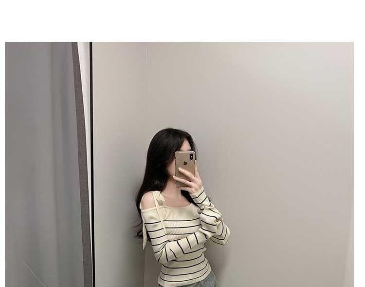 Cold-Shoulder Striped Ribbed Sweater Product Image