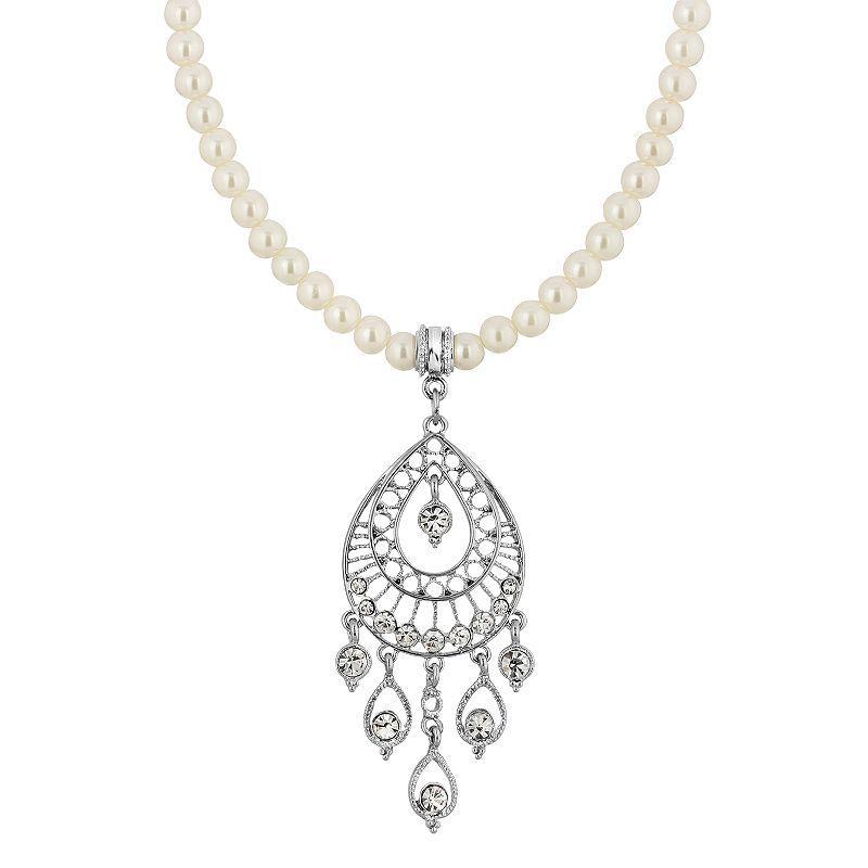 1928 Silver-Tone Crystal Filigree Drop on Pearl Necklace, Womens, White Product Image