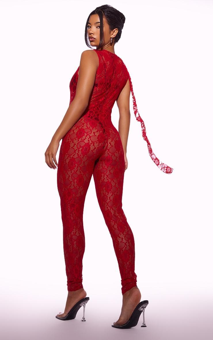 Red Lace Frill Detail Drape Jumpsuit Product Image