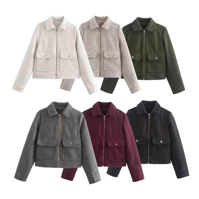 Collared Plain Zip-Up Jacket Product Image