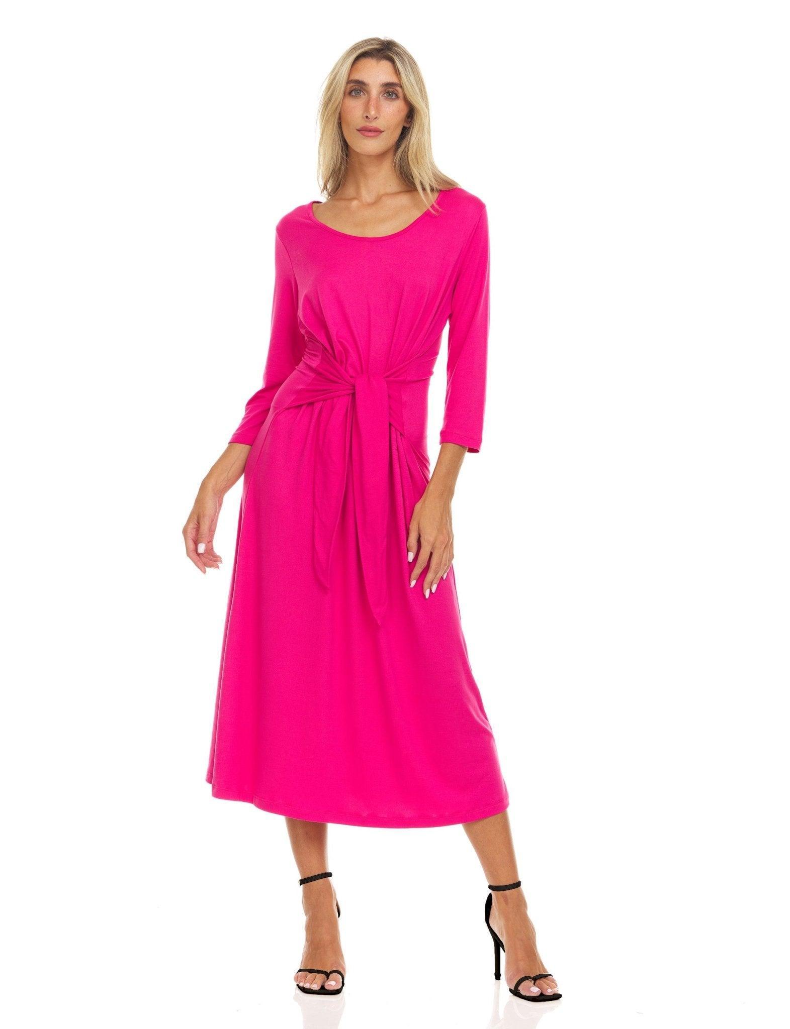 Three quarter sleeve crew neck printed A line midi dress with selt tie belt Product Image