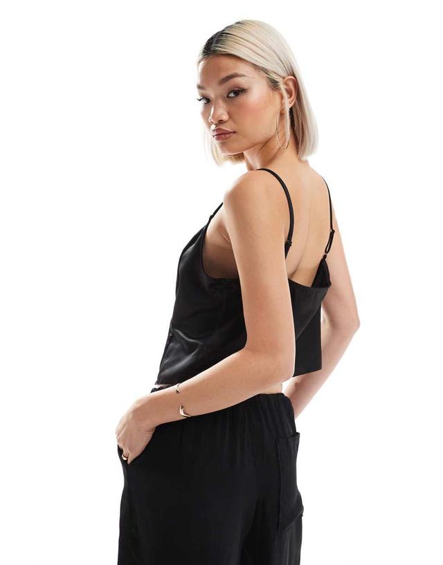 ASOS DESIGN satin cami top with tie front in black Product Image