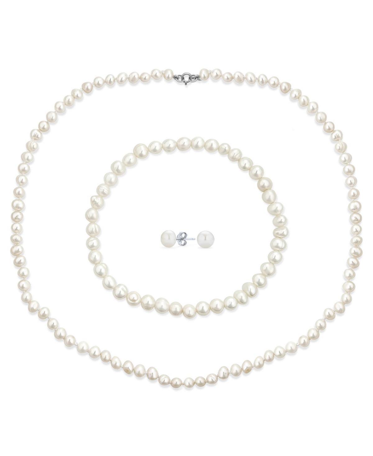 White Cultured Freshwater Pearl Knotted Necklace Set Product Image