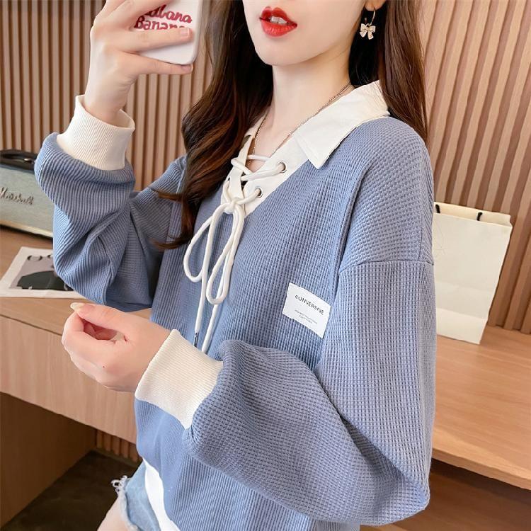 Collared Contrast Trim Waffle Lace-Up Pullover Product Image