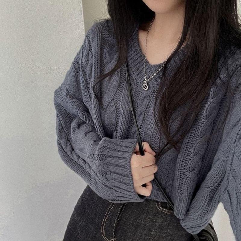 V-Neck Plain Cable-Knit Cropped Sweater Product Image