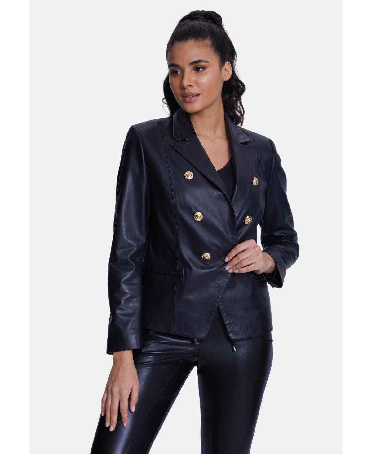 Womens Genuine Leather Blazer Jacket Black Product Image