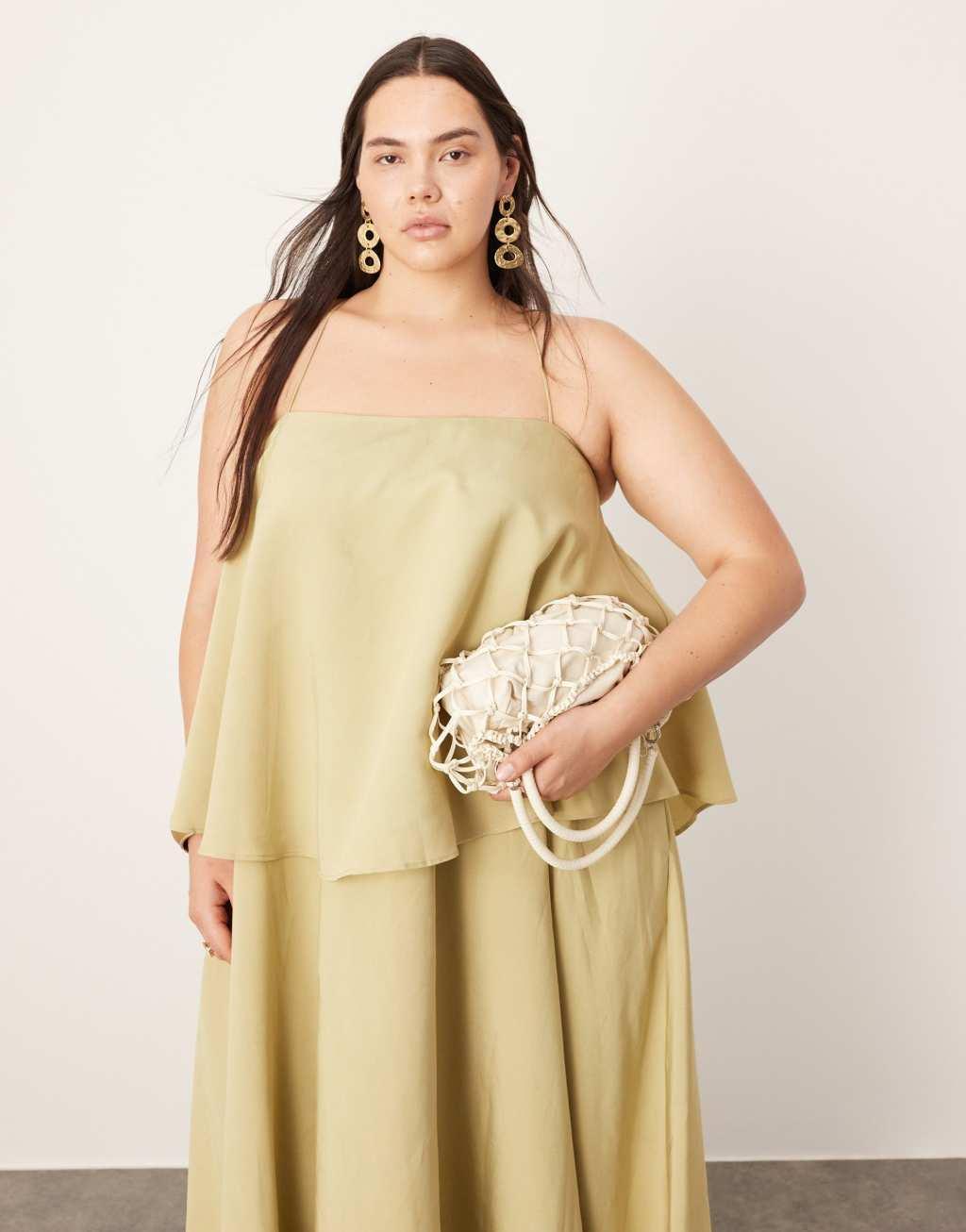 ASOS EDITION Curve strappy square neck maxi dress with pockets and dramatic drape detail in olive green Product Image