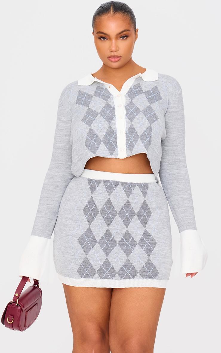 Plus Grey Argyle Jacquard Knitted Mini Skirt Product Image