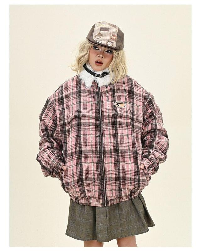 Fluffy Collar Plaid Zip Puffer Jacket Product Image