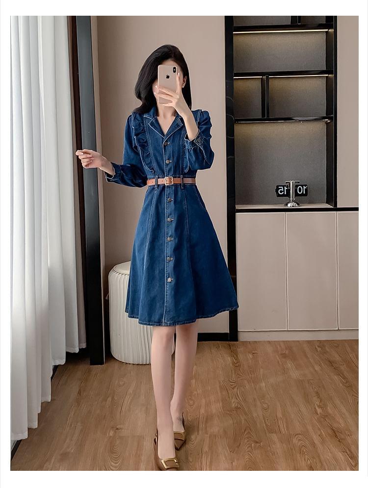 Long-Sleeve Denim Midi A-Line Shirt Dress Product Image