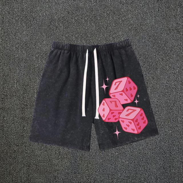 Pink 777 Fun Dice Print Acid Washed Drawstring Shorts Product Image