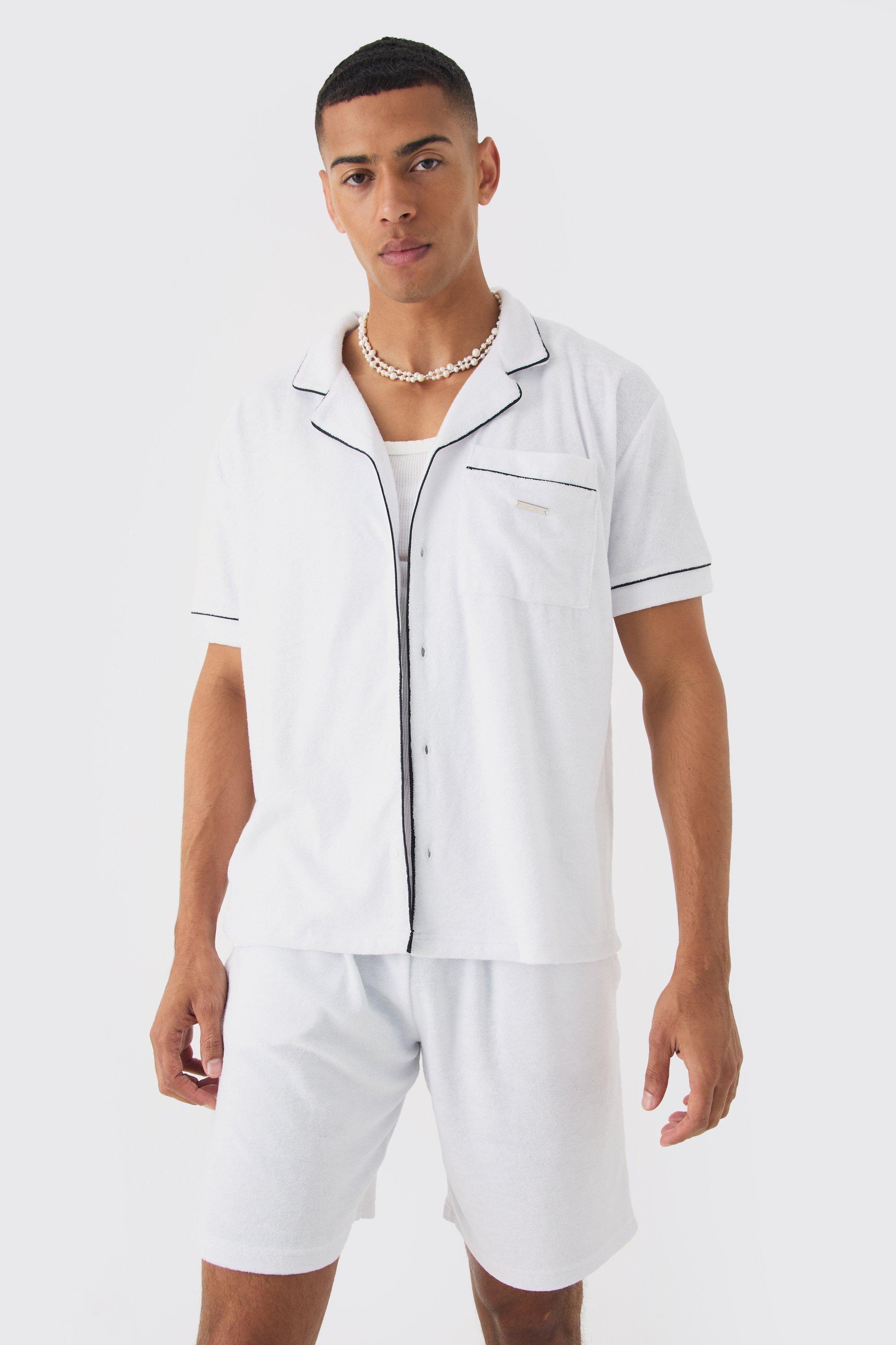 Contrast Piping Towelling Shirt And Short Set | boohooMAN USA Product Image