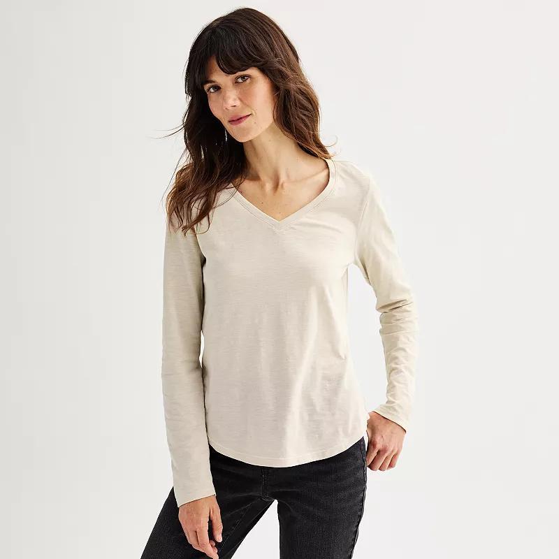 Womens Sonoma Goods For Life Everyday Long Sleeve V-Neck Tee Light Oat Grey Product Image