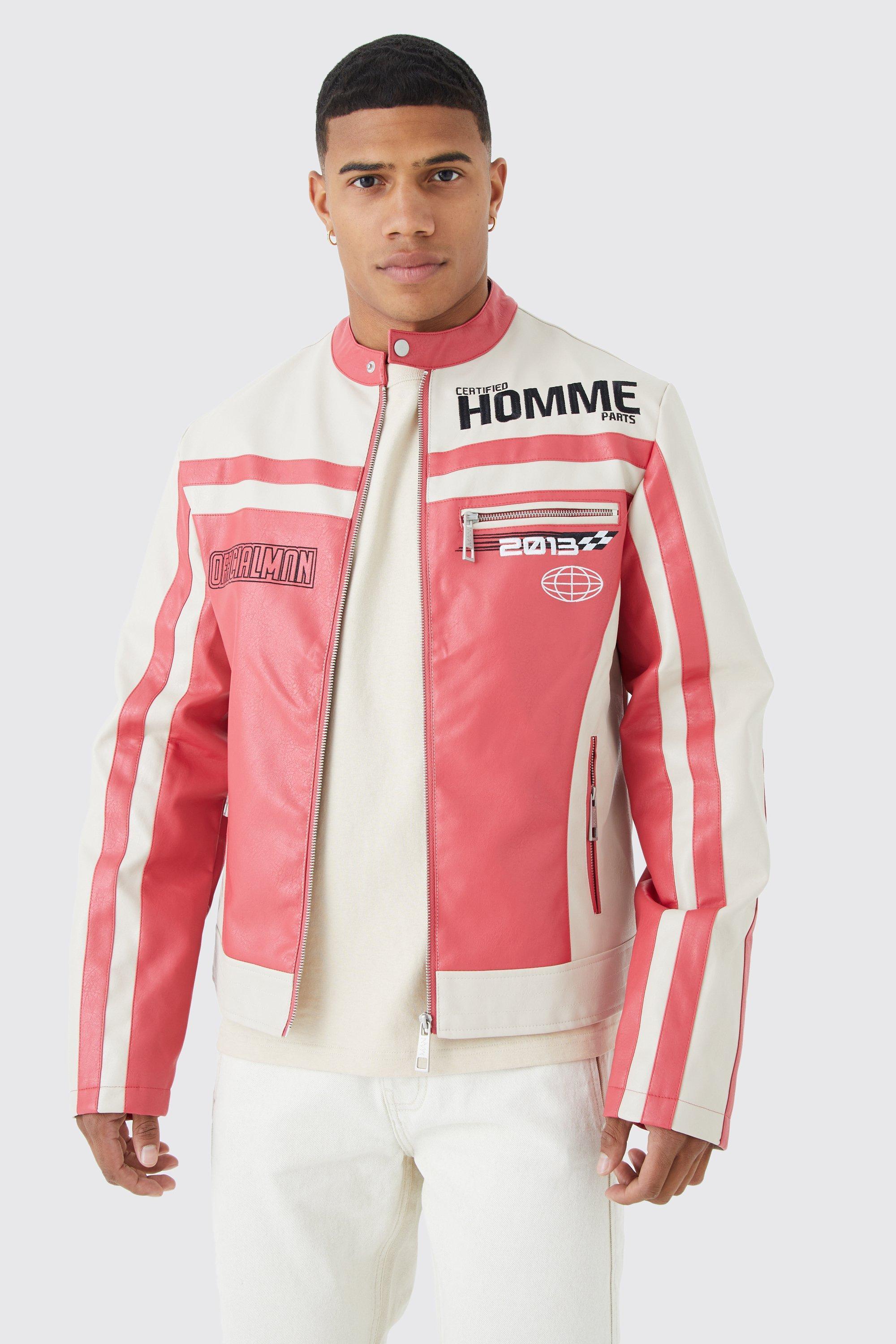 Pu Panelled Moto Biker Jacket With Badges | boohooMAN USA Product Image